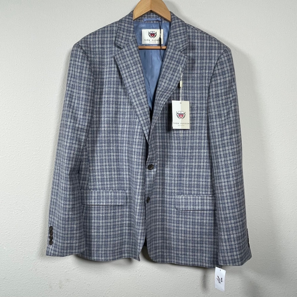 NWT Thom Hudson Silk Wool Blend Sport Coat Mens 46R Blue Tan Plaid Blazer Preppy